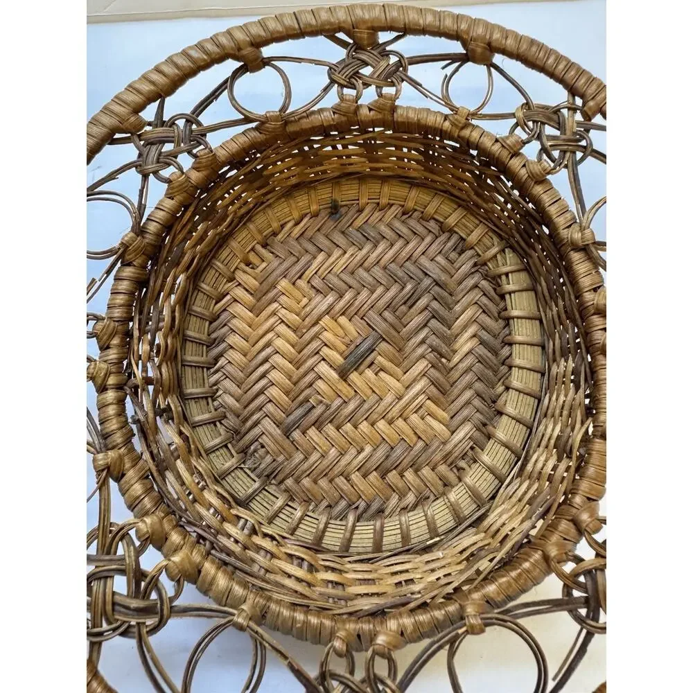 Vintage Boho Rattan Set of 2 Woven Basket Geometric Pattern Storage Entryway